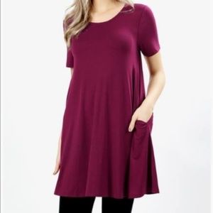 Zenana Short Sleeve Tunic- Wine- Size Medium